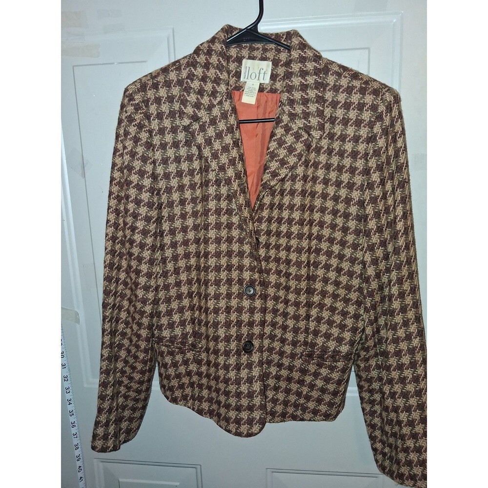 Vintage Ann Taylor Loft Women's Sz 12 Brown Cream Plaid Wool Blend Blazer USA